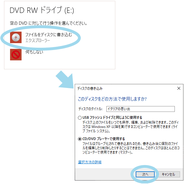 DVDドライブに空のDVDを挿入し次へ進む