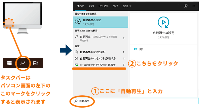 タスクバーで「自動再生」を検索しCDまたは他のメディアの自動再生をクリック