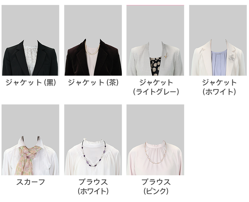 ジャケット、スカーフ付きブラウス、ネックレス付きブラウス