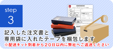 手順３記入した注文書と専用袋に入れたテープを梱包しますので、配送キット到着から20日以内に弊社へ返送してください