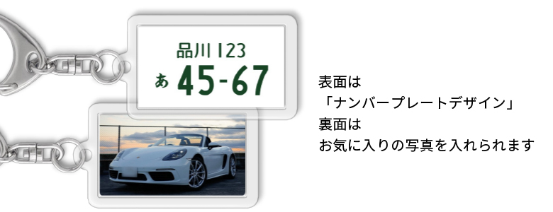 表面は「ナンバープレートデザイン」裏面はお気に入りの写真を入れられます