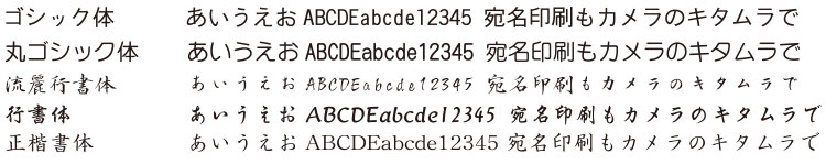 明朝体、ゴシック体、流麗行書体、行書体、正楷書体、丸ゴシック体